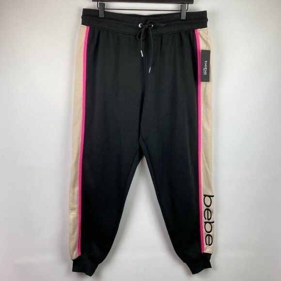 Bebe Sweatpants Womens 2X Black Pink Jogger Pants Pockets Casual Ladies - Picture 2 of 6